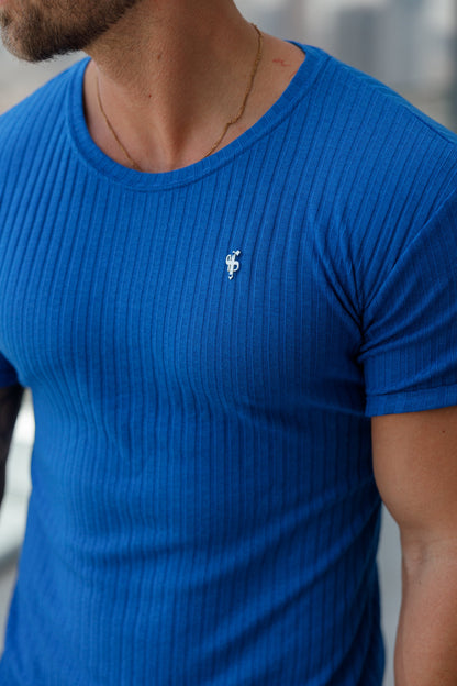 Elevate Your Style: Father Sons Royal Blue & Silver Ribbed Super Slim Fit Short Sleeve Crew - FSH1091