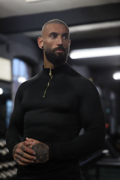 Elevate Your Workout with the Father Sons Solid Black and Gold Half Zip Long Sleeve Gym Top - FSH887