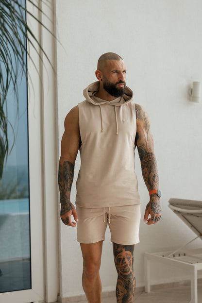 Elevate Your Workout: Father Sons Stylish Sleeveless Beige Gym Hoodie - FSH896