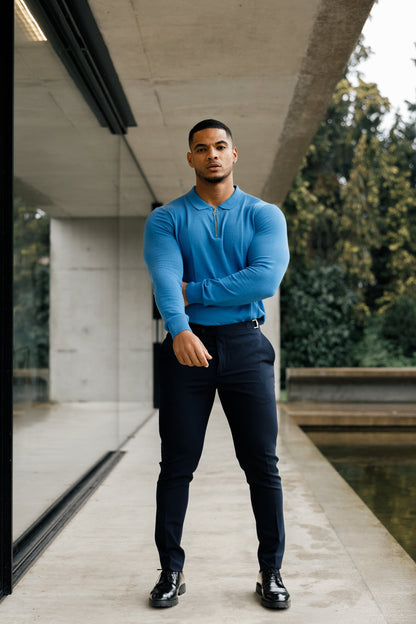 Elegant Mid Blue & Gold Long Sleeve Zip Knit Polo Shirt for Men - FSN129 by Father Sons
