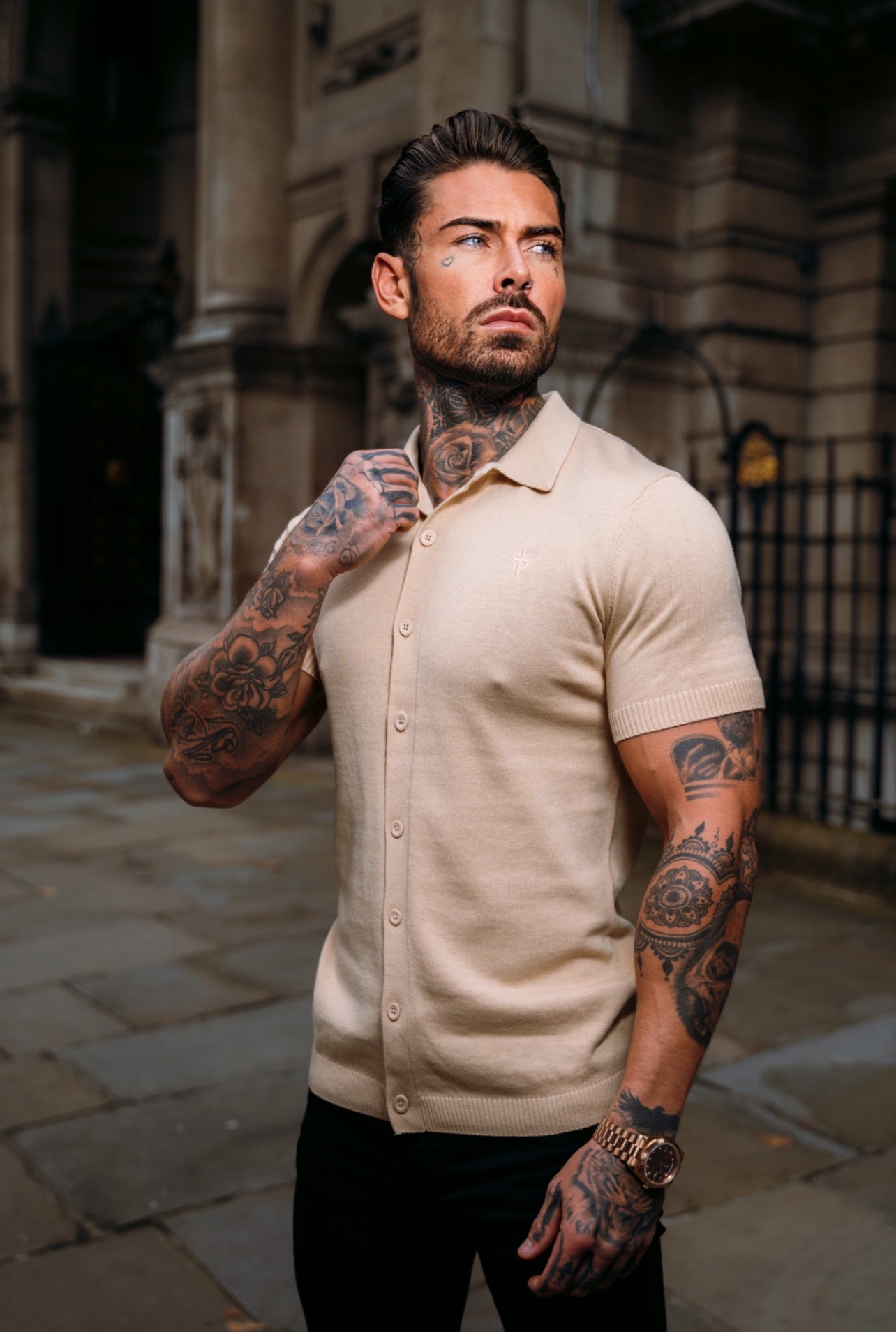 Elevate Your Style with the Father Sons Classic Beige Knitted Short Sleeve Polo – FSN104