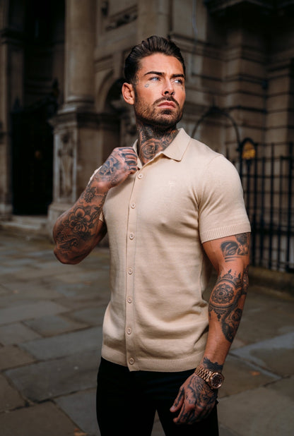 Elevate Your Style with the Father Sons Classic Beige Knitted Short Sleeve Polo – FSN104