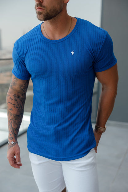 Elevate Your Style: Father Sons Royal Blue & Silver Ribbed Super Slim Fit Short Sleeve Crew - FSH1091