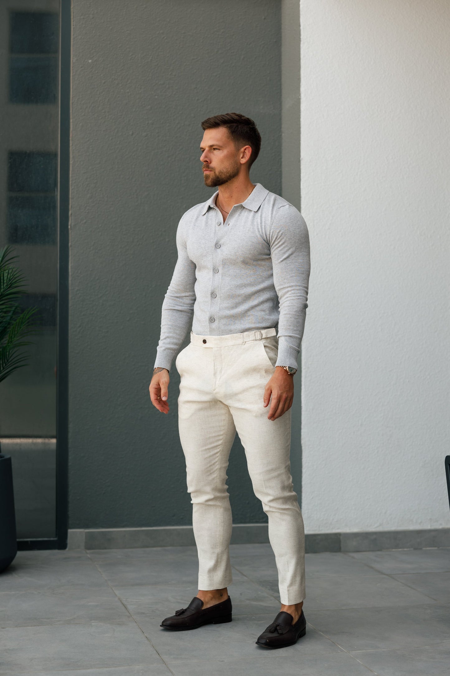 Elevate Your Formal Look with Father Sons Slim Cream Linen Trousers Featuring Side Adjusters - FST020