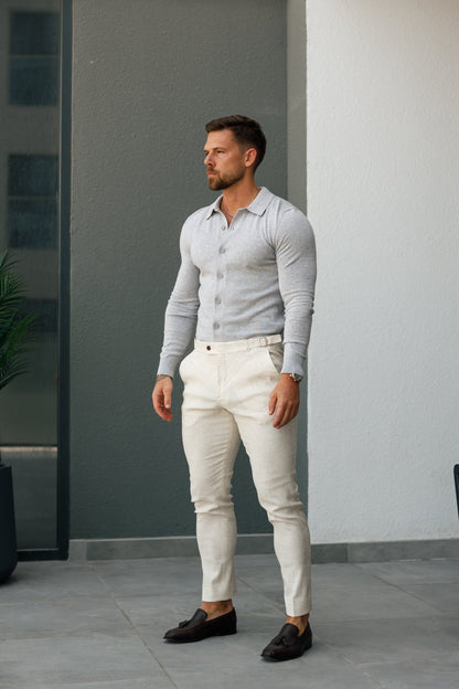 Elevate Your Formal Look with Father Sons Slim Cream Linen Trousers Featuring Side Adjusters - FST020