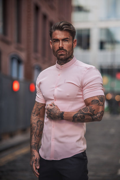 Father Sons Super Slim Fit Scuba Pink Short Sleeve Stretch Shirt with Stylish Grandad Collar - FS1005