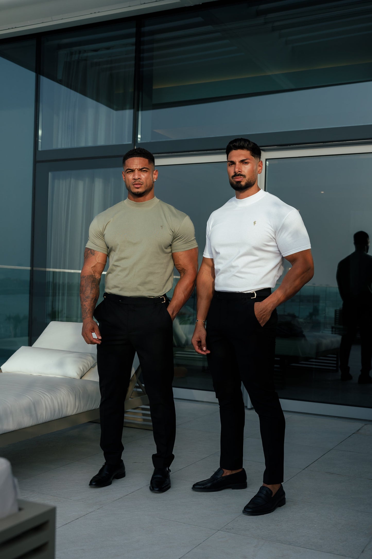 Stylish Olive Ribbed High Neck Crew Short Sleeve Top for Father Sons - FSH1010