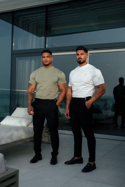 Stylish Olive Ribbed High Neck Crew Short Sleeve Top for Father Sons - FSH1010