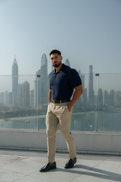 Elegant Navy Knitted Polo Shirt for Men - Short Sleeve Classic by Father Sons - FSN109