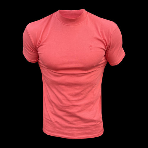 Chic Coral Ribbed High Neck Short Sleeve Top - FSH1143