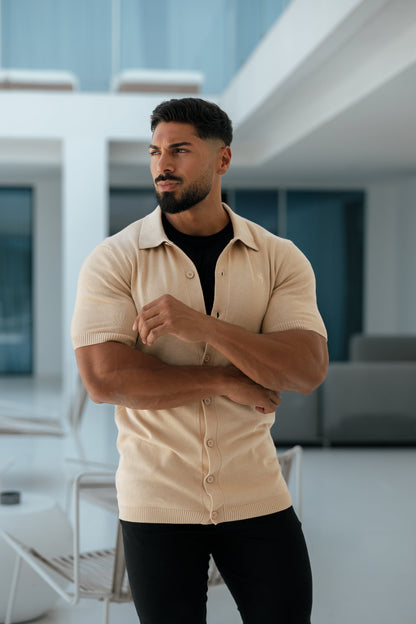 Elevate Your Style with the Father Sons Classic Beige Knitted Short Sleeve Polo – FSN104
