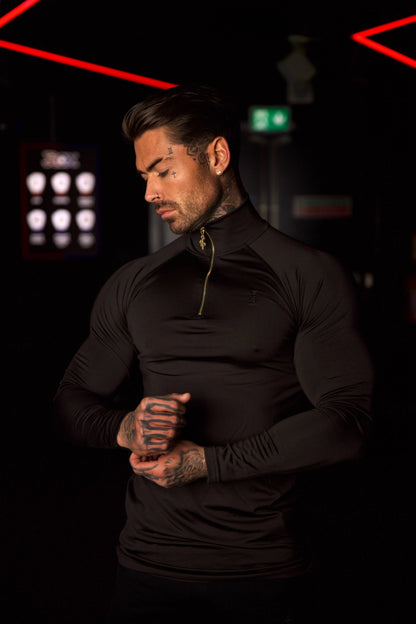 Elevate Your Workout with the Father Sons Solid Black and Gold Half Zip Long Sleeve Gym Top - FSH887