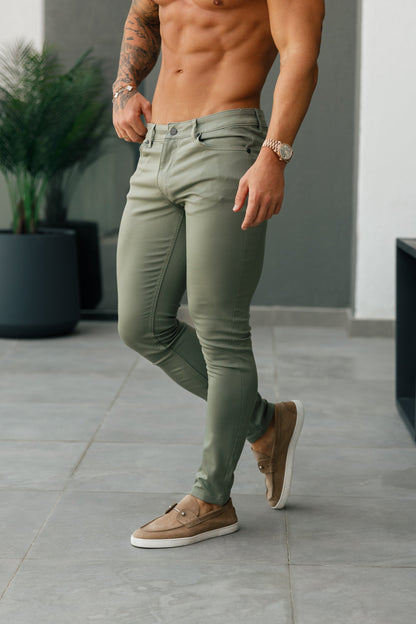 Chic Olive Slim Fit Stretch Sateen Trousers - FSH1145