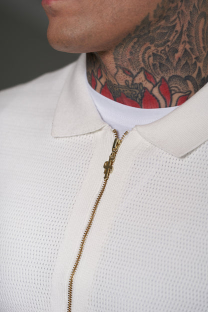 Elevate Your Style with the Father Sons Classic Knitted Textured Zip Sweater in Off White - Short Sleeve FSN152