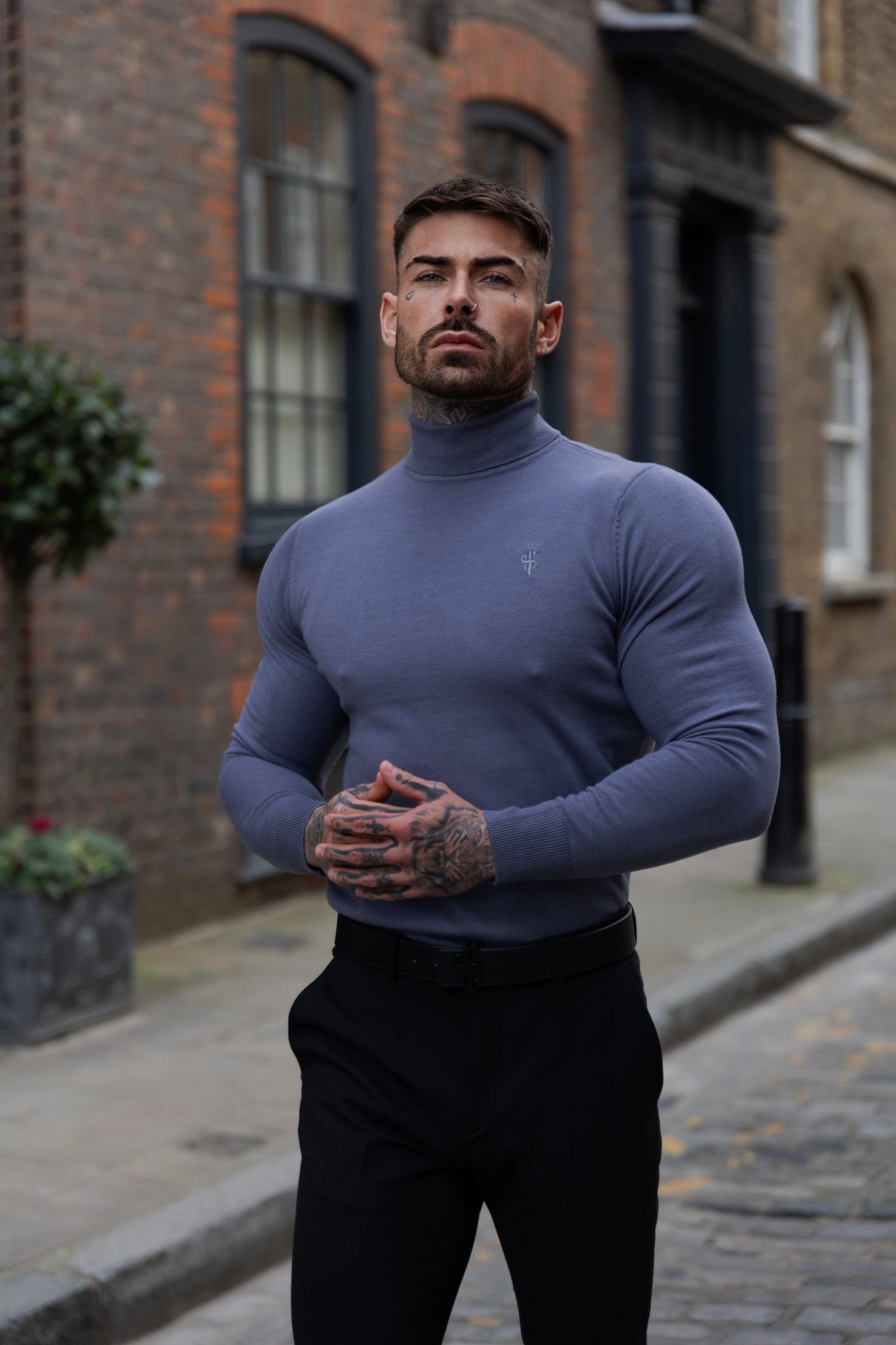 Elevate Your Style: Father Sons Classic Gunmetal Roll Neck Knit Sweater with Subtle Emblem - FSN137