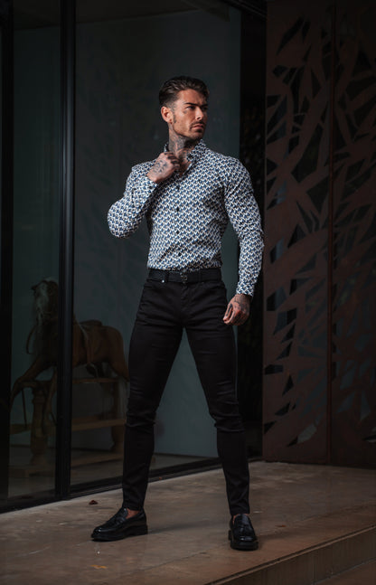 Elevate Your Style: Father Sons Super Slim Fit Stretch Long Sleeve Shirt in Blue/Beige Chevron with Button-Down Collar - FS902