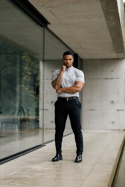 Elevate Your Wardrobe with Father Sons Super Slim Stretch Grey Denim Short Sleeve Shirt Featuring a Stylish Grandad Collar, Sleek Silver Metal Buttons, and Eye-Catching Decal - FS963