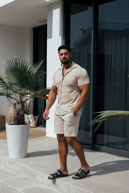 Elevate Your Style with the Father Sons Stretch Beige & Gold Short Sleeve Revere Shirt - FSH1075