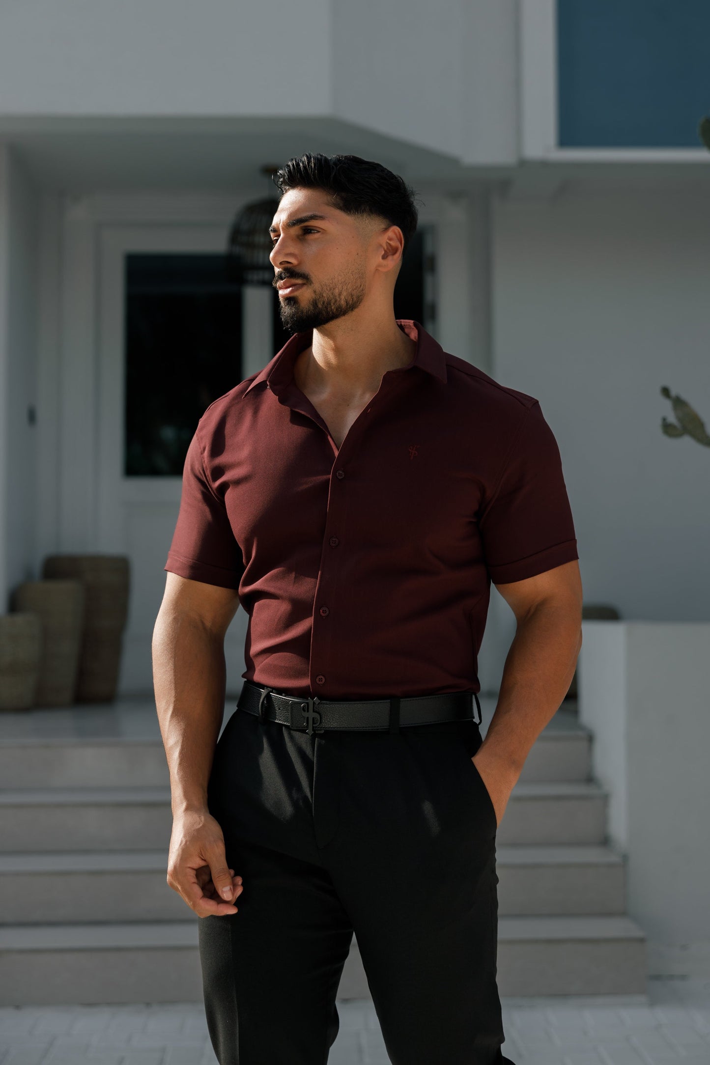 Elevate Your Style with Father Sons Super Slim Burgundy Scuba Stretch Short Sleeve Shirt - FS1028