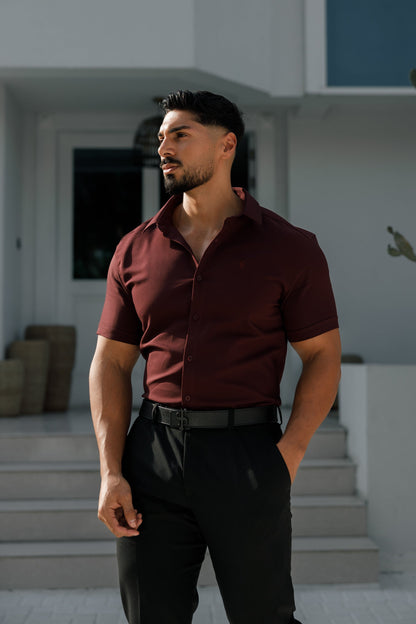 Elevate Your Style with Father Sons Super Slim Burgundy Scuba Stretch Short Sleeve Shirt - FS1028