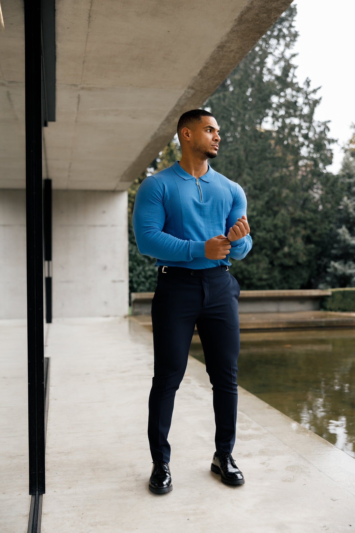 Elegant Mid Blue & Gold Long Sleeve Zip Knit Polo Shirt for Men - FSN129 by Father Sons