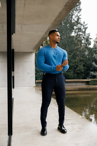 Elegant Mid Blue & Gold Long Sleeve Zip Knit Polo Shirt for Men - FSN129 by Father Sons