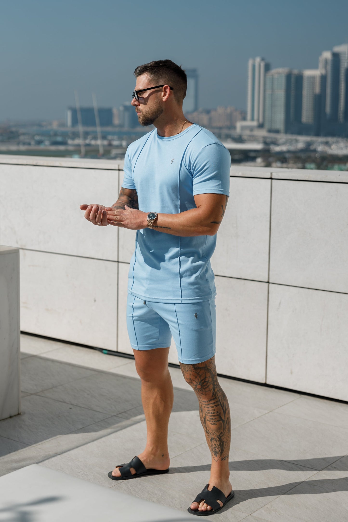 Elevate Your Style with Father Sons Light Blue & Silver Crew T-Shirt Featuring Elegant Pintuck Detail - FSH1051