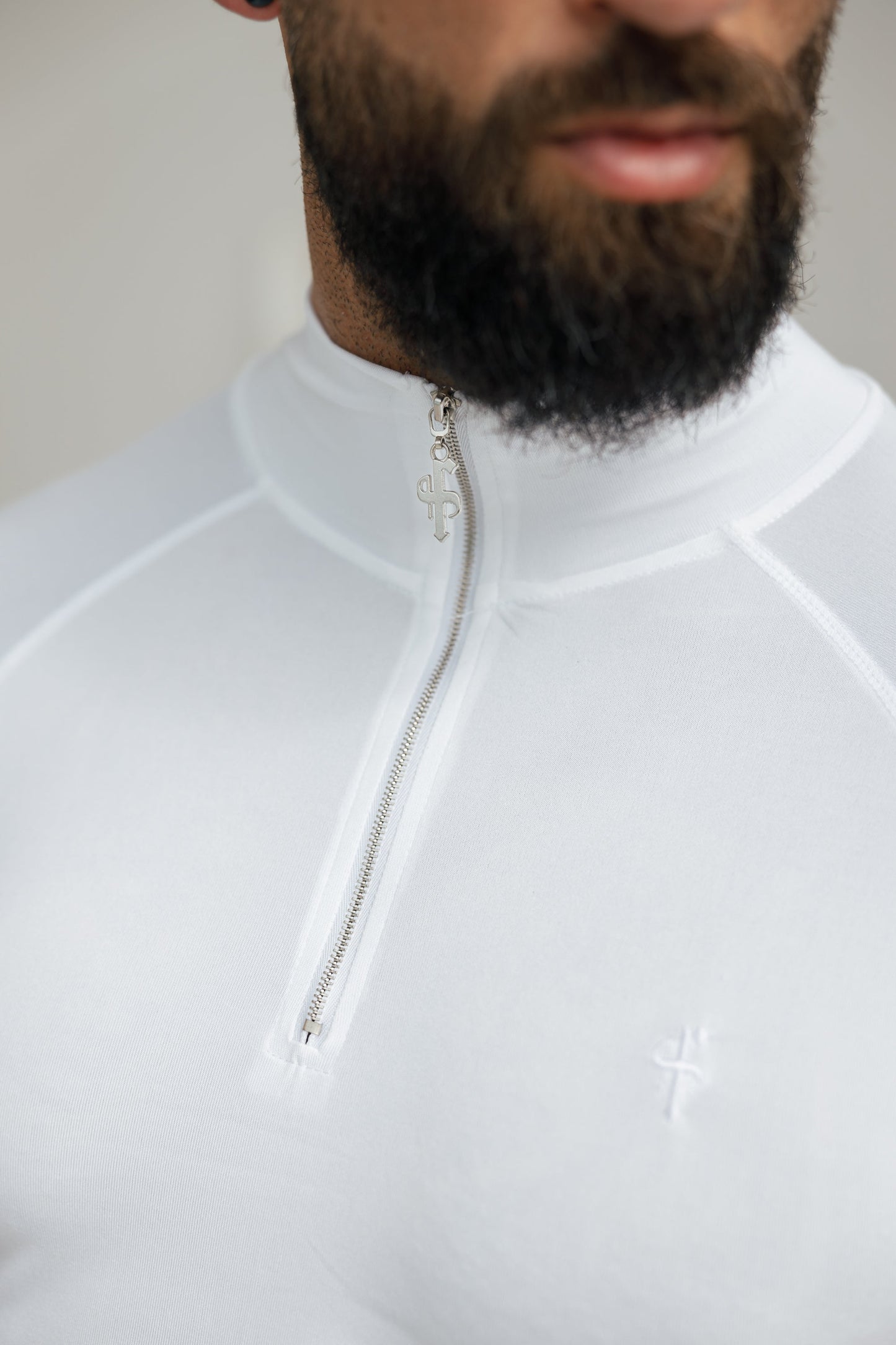 Elevate Your Workout: Father Sons White & Silver Half Zip Long Sleeve Gym Top - FSH888