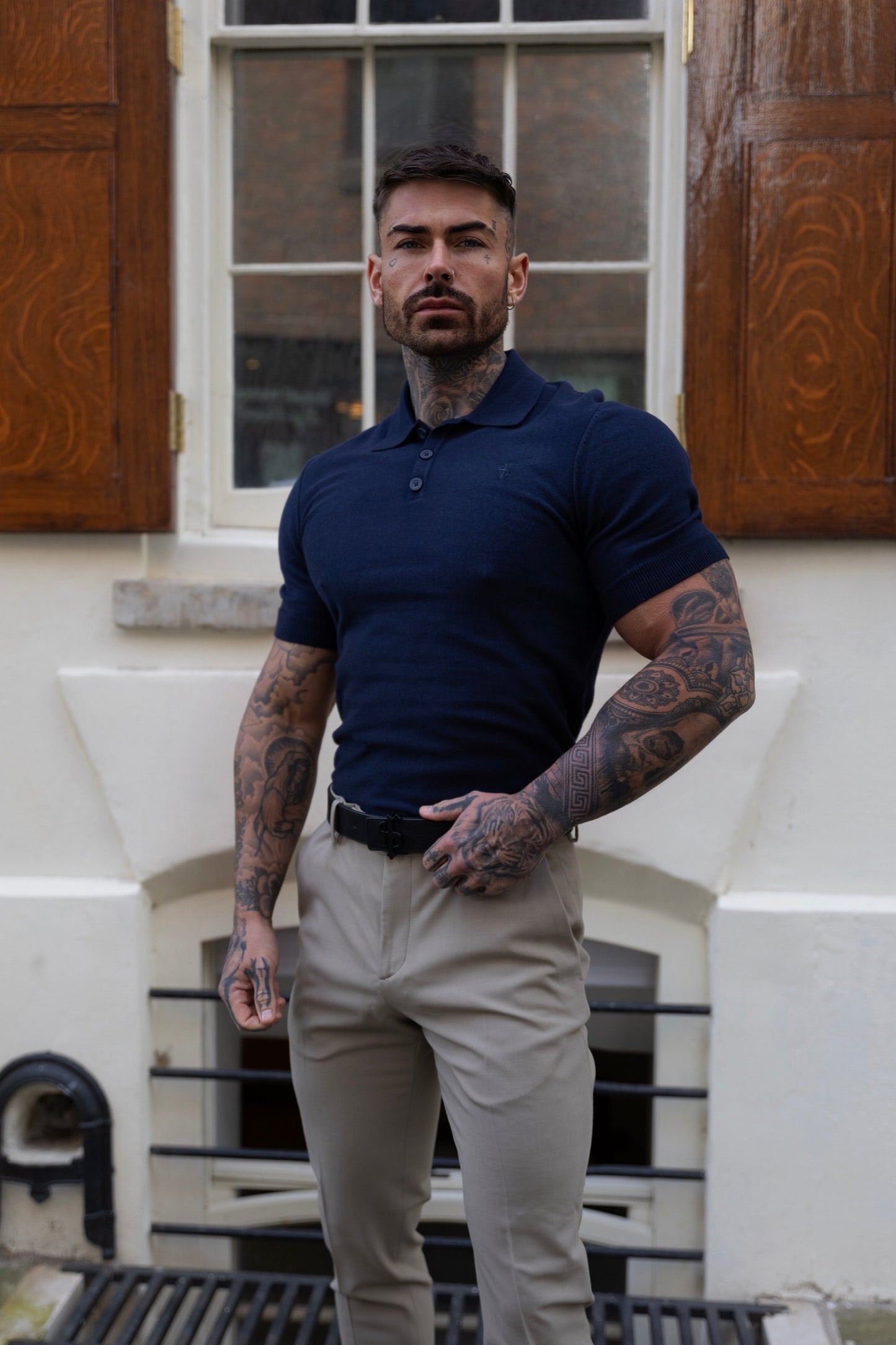 Elegant Navy Knitted Polo Shirt for Men - Short Sleeve Classic by Father Sons - FSN109