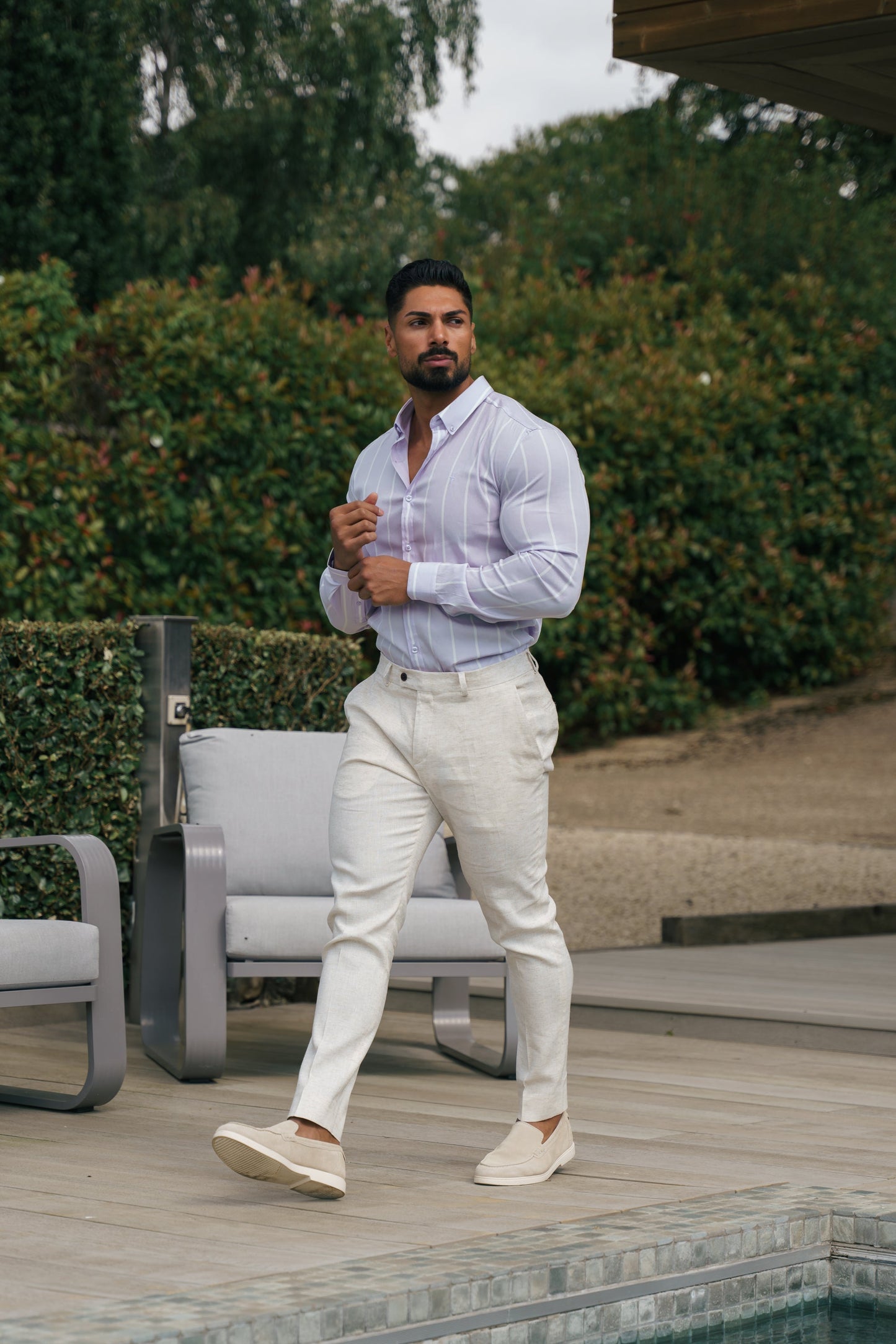 Father Sons Lilac Printed Wide Stripe Long Sleeve Shirt - Super Slim Stretch Fit with Button Down Collar - FS1067