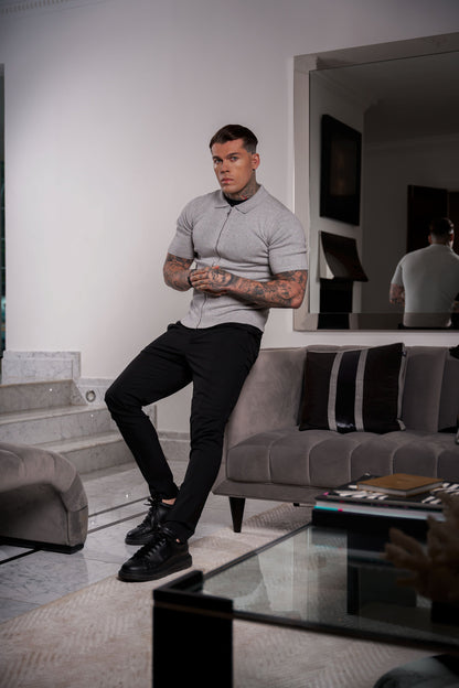 Elevate Your Wardrobe: Father Sons Light Grey Short Sleeve Knit Zip-Up with Chic Textured Design - FSN154