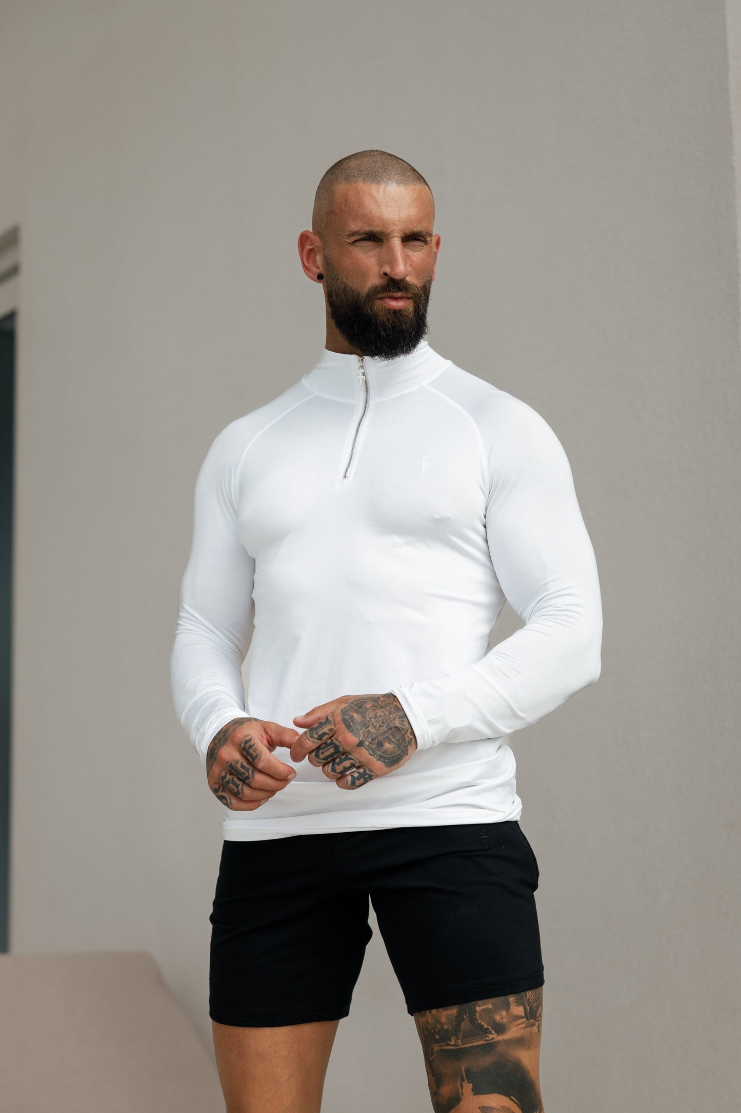 Elevate Your Workout: Father Sons White & Silver Half Zip Long Sleeve Gym Top - FSH888