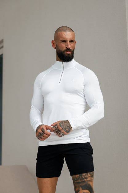 Elevate Your Workout: Father Sons White & Silver Half Zip Long Sleeve Gym Top - FSH888