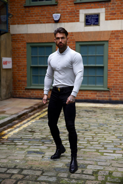 Elevate Your Style with the Father's Sons Light Grey Ribbed Long Sleeve Polo - FSH972