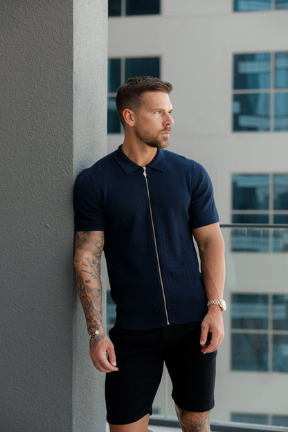 Father Sons Navy Short Sleeve Classic Knitted Geo Zip-Up - Stylish & Versatile FSN149
