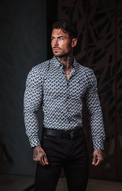 Elevate Your Style: Father Sons Super Slim Fit Stretch Long Sleeve Shirt in Blue/Beige Chevron with Button-Down Collar - FS902