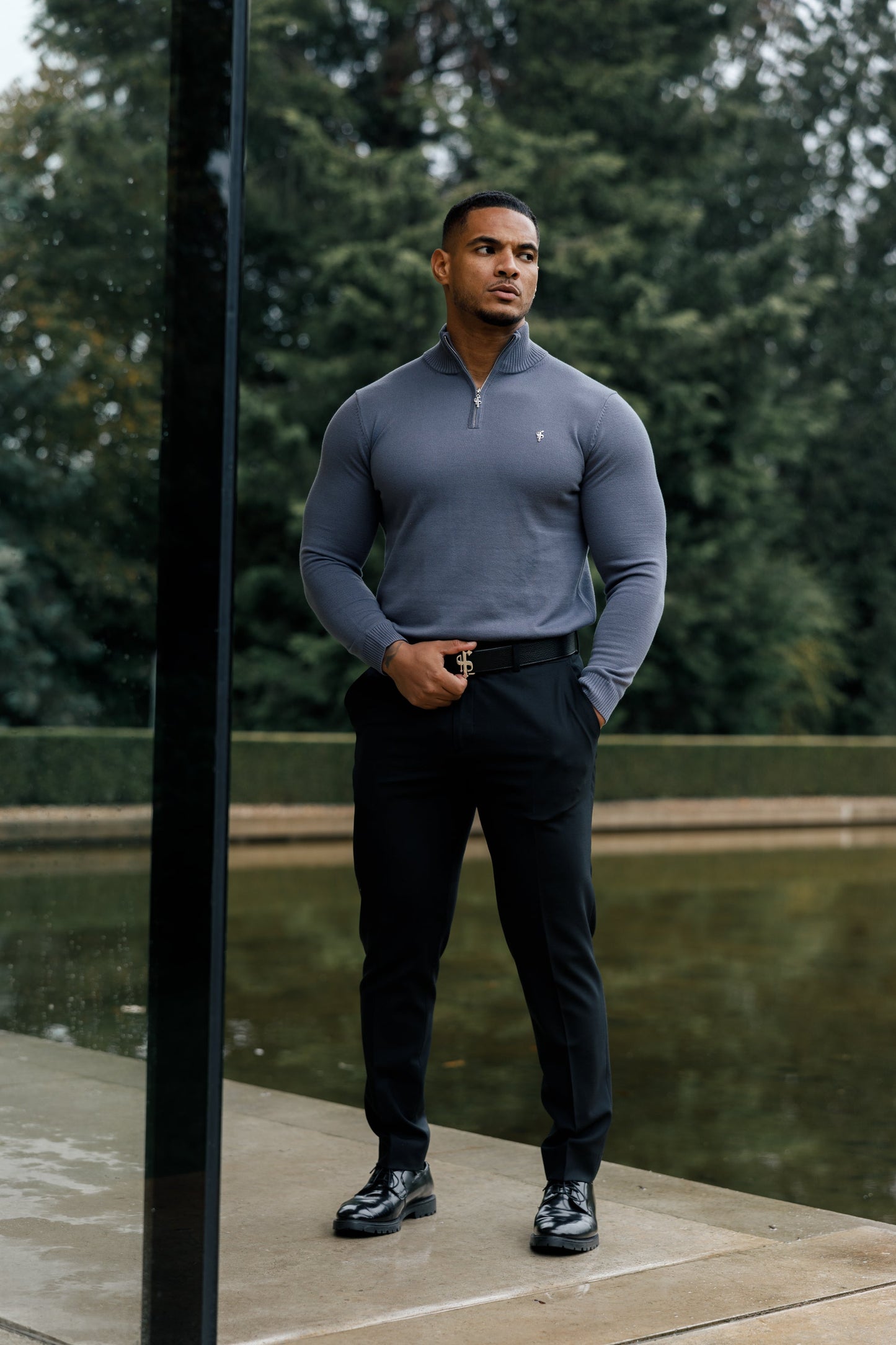 Stylish Gunmetal Grey Funnel Neck Half-Zip Knitted Sweater by Father Sons - FSN120
