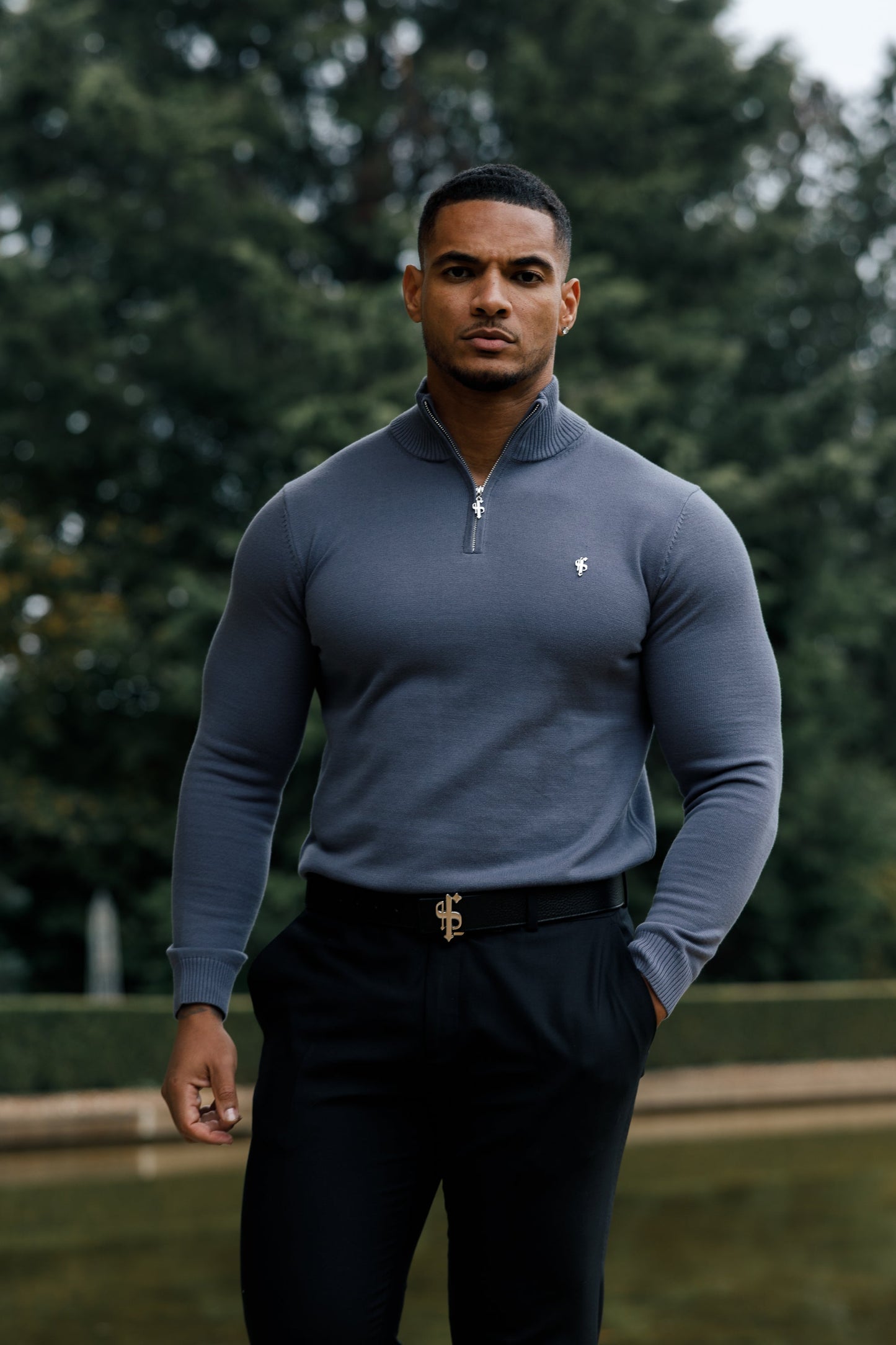 Stylish Gunmetal Grey Funnel Neck Half-Zip Knitted Sweater by Father Sons - FSN120