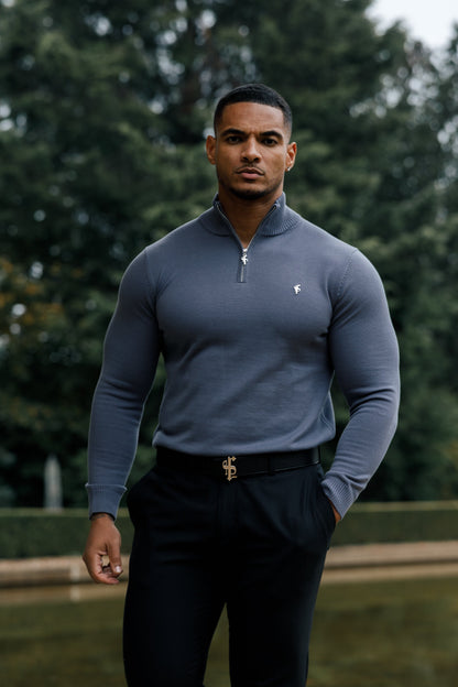 Stylish Gunmetal Grey Funnel Neck Half-Zip Knitted Sweater by Father Sons - FSN120