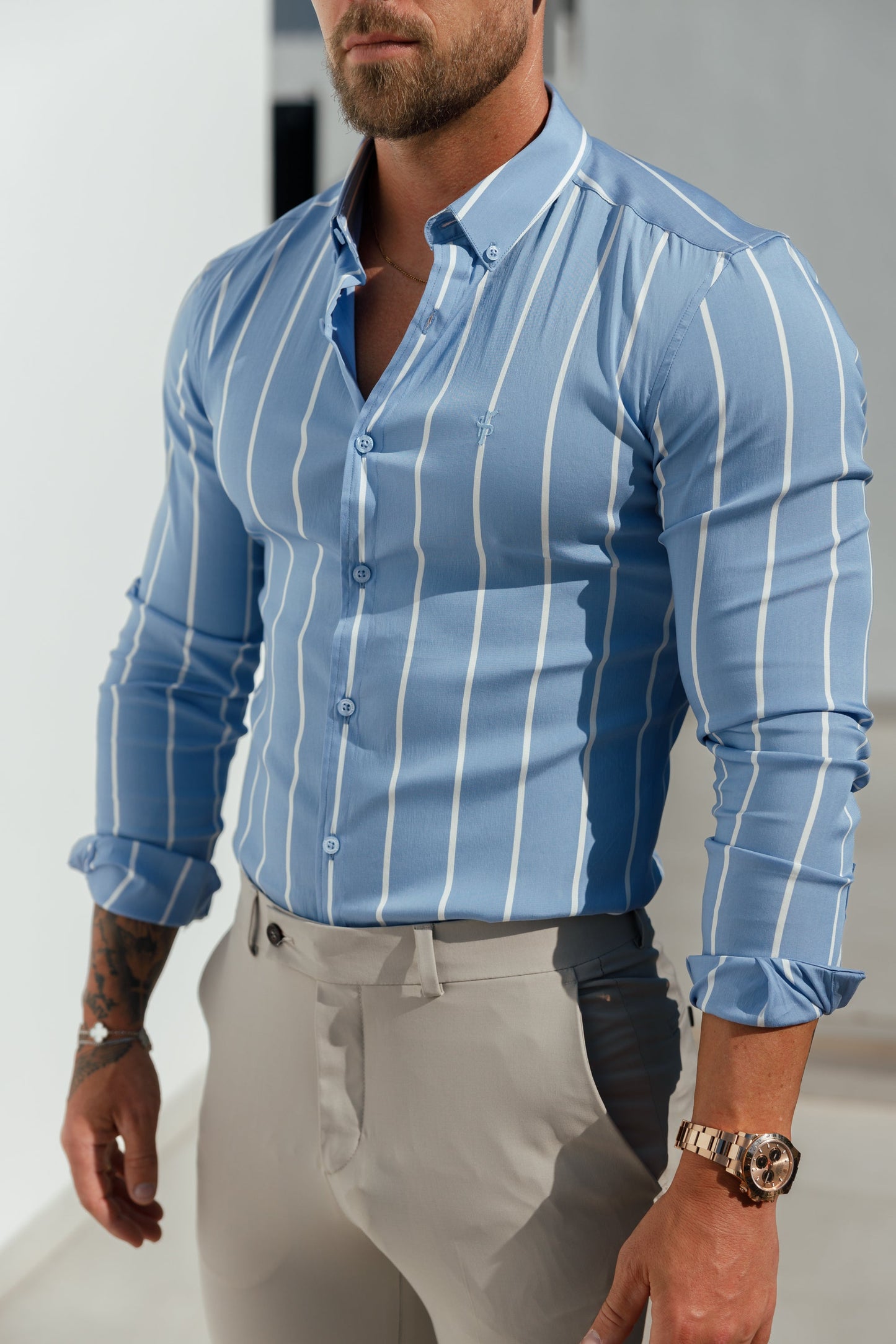 Elevate Your Style with Father Sons Super Slim Fit Blue Striped Long Sleeve Shirt - Button Down Collar Design - FS1053