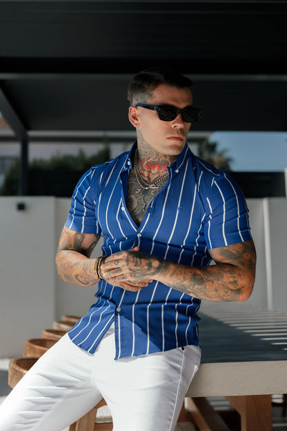 Elevate Your Style with Father Sons Ocean Blue Super Slim Stretch Short Sleeve Shirt – Bold Wide Stripes & Button Down Collar - FS1056