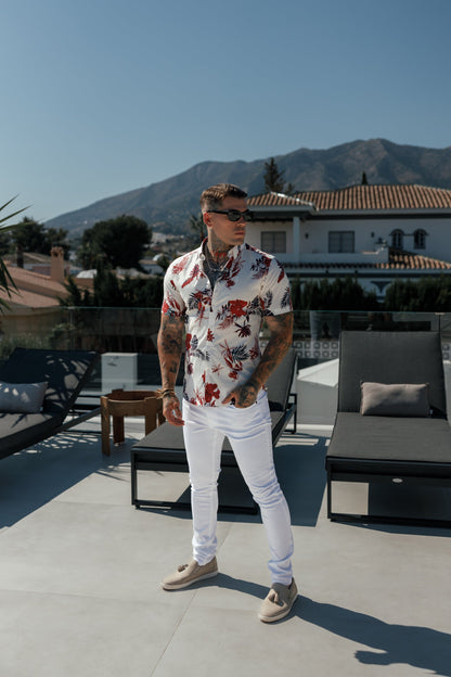 Chic Floral Print Button-Down Shirt in Classic Stretch - White/Rust - FS1106
