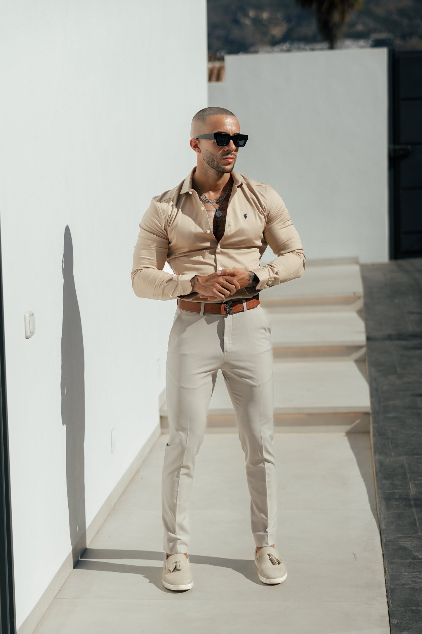 Elevate Your Wardrobe with the Father Sons Super Slim Stretch Vintage Beige Side Panel Long Sleeve Shirt - FS1089