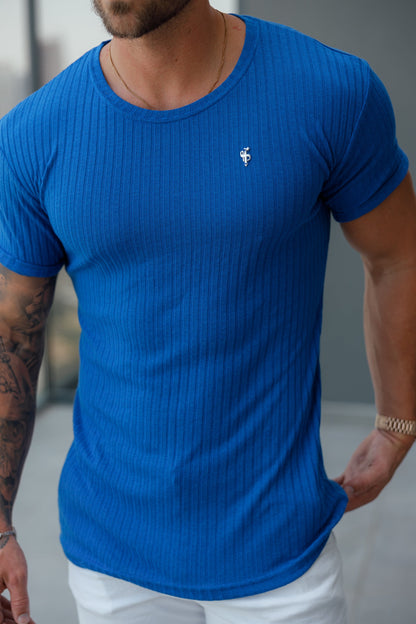 Elevate Your Style: Father Sons Royal Blue & Silver Ribbed Super Slim Fit Short Sleeve Crew - FSH1091