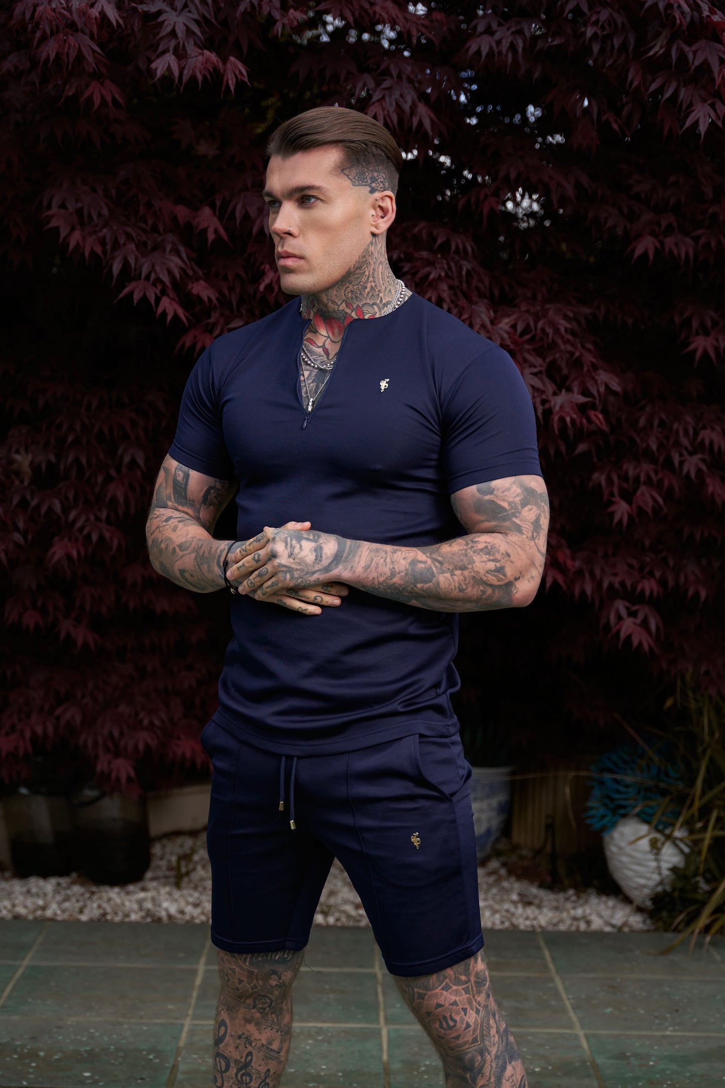 Elevate Your Style: Navy & Gold Short Sleeve Crew T-Shirt with Zip Detail by Father Sons - FSH1033
