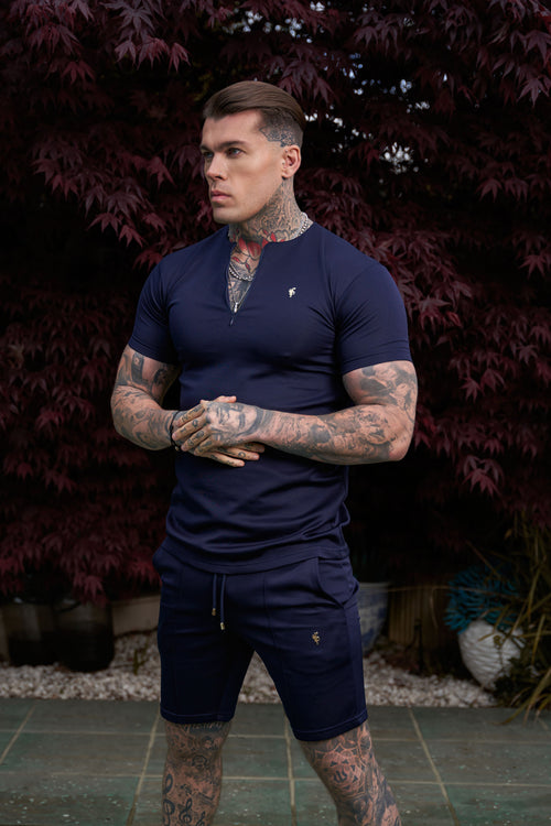 Elevate Your Style: Navy & Gold Short Sleeve Crew T-Shirt with Zip Detail by Father Sons - FSH1033