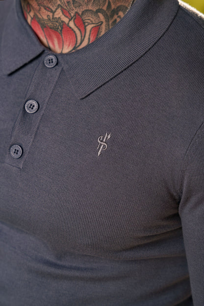 Father Sons Stylish Gunmetal Knitted Long Sleeve Polo Jumper with Subtle Tonal FS Embroidery - FSN141