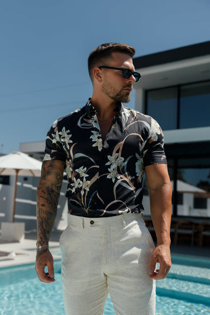 Timeless Stretch Short Sleeve Black Oriental Print Button-Up Shirt - FS1108