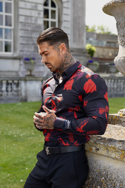Elevate Your Style with Father Sons Super Slim Stretch Long Sleeve Shirt in Striking Black and Red Floral Print - FS770