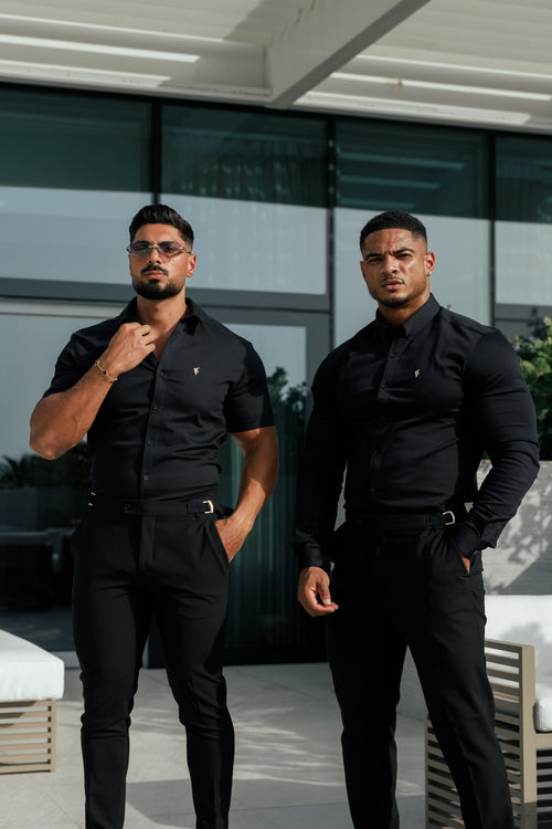 Elevate Your Style with Father Sons Slim Fit Black Stretch Trousers Featuring Luxurious Gold Waist Adjusters - FST018 (Available for Pre-Order Starting September 19th)